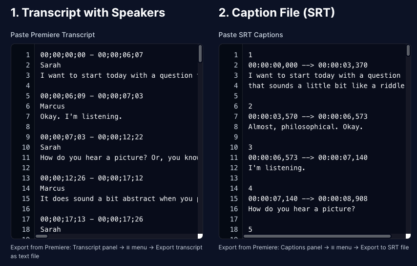 Speaker Labeler tool with two side-by-side input panels. Left panel ...